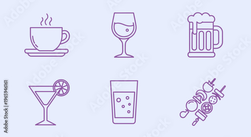 Assorted drink and food icons set on a light background for various uses