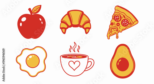 Assorted fast food icons pizza burger fries milkshake hotdog and ice cream
