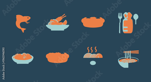 Assortment of food icons fish shrimp crab noodles and more