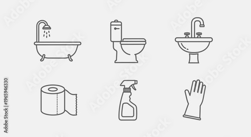 Bathroom cleaning icons bathtub toilet sink paper spray and glove