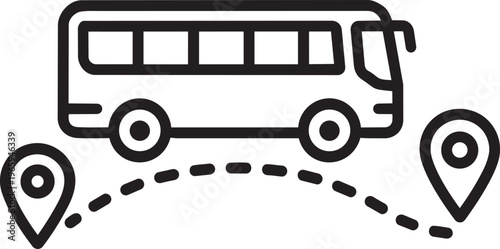 Public transit bus traveling along arched route trajectory representing distant urban passenger travel journey vector icon