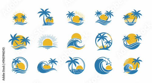 Beach and palm tree logos vector designs for travel and vacation concepts
