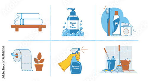 Bathroom cleaning and hygiene items vector illustration set
