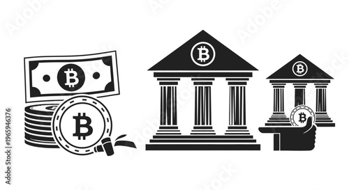 Bitcoin digital currency bank icon set for finance and investment