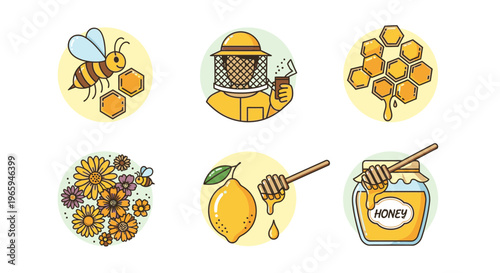 Beehive illustration set beekeeping honey production and natural elements