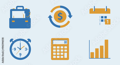 Business and finance icons portfolio money calendar time calculator and chart
