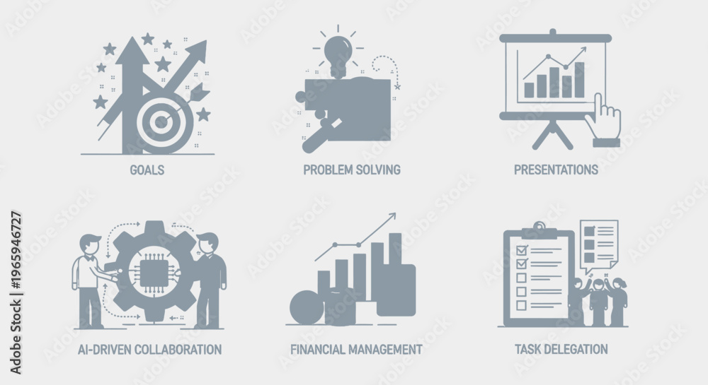 Fototapeta premium Business icons illustrating goals problem solving presentations and task management
