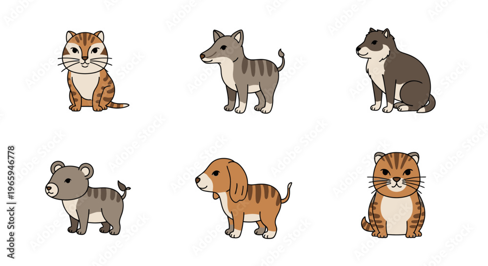 Obraz premium Cartoon animals set cat and dog illustrations in simple flat design style
