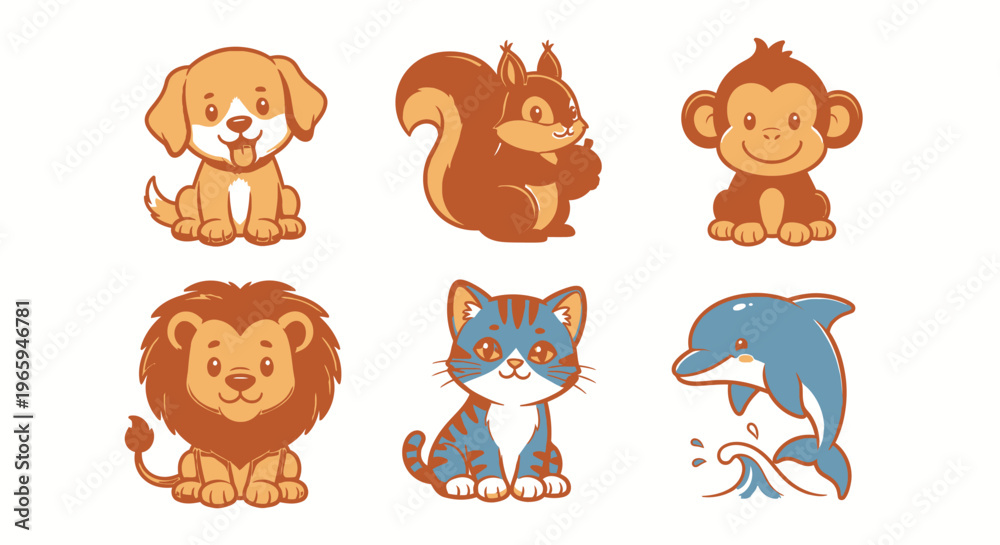 Fototapeta premium Cartoon animals set illustrations featuring dog squirrel monkey lion cat dolphin