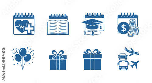 Calendar icons illustrating health education finances celebrations and travel