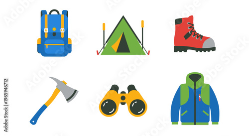 Camping and hiking equipment icons backpack tent boot axe binoculars jacket