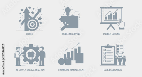Business icons illustrating goals problem solving presentations and task management