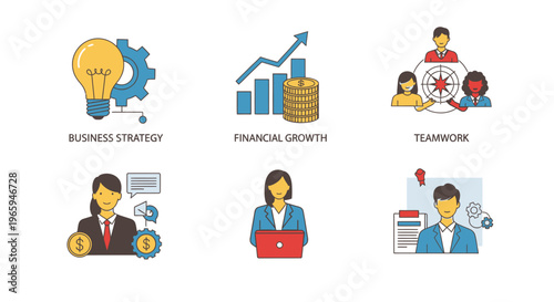 Business strategy financial growth teamwork and success concepts icons