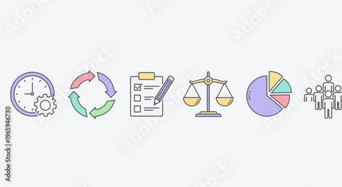 Business icons representing time management progress and decision making