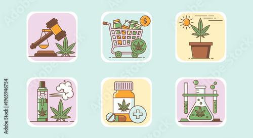 Cannabis icons legalization commerce cultivation and research illustrations