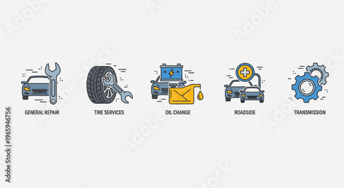 Car repair service icons set wrench tire battery oil change and gear