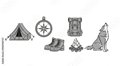 Camping and wilderness adventure icons tent compass backpack boots fire wolf