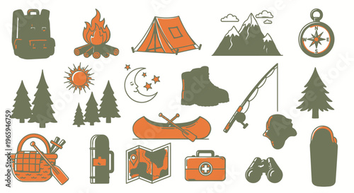 Camping and outdoor recreation vector elements isolated on white background