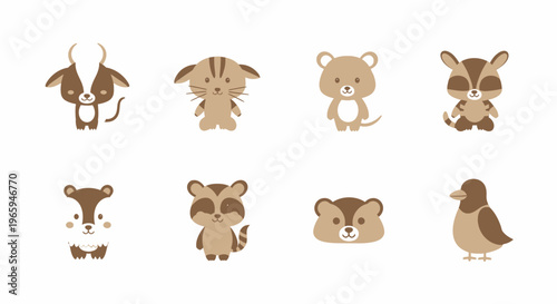 Cartoon animals collection various wildlife creatures in brown tones and simplified shapes