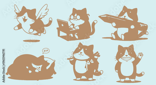 Cartoon cats in various poses winged working fighting sleeping playing waving