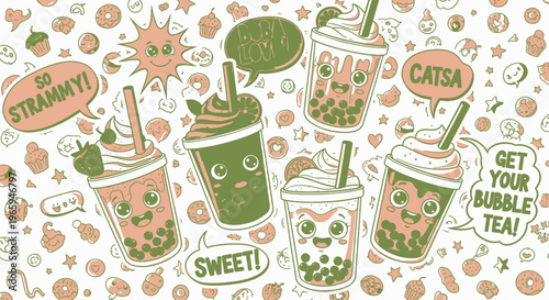 Cartoon bubble tea beverages illustration with cute faces and decorations