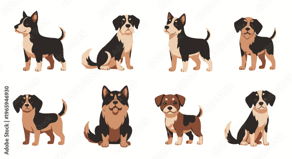 Fototapeta premium Cartoon dogs set collection in various poses on a white background
