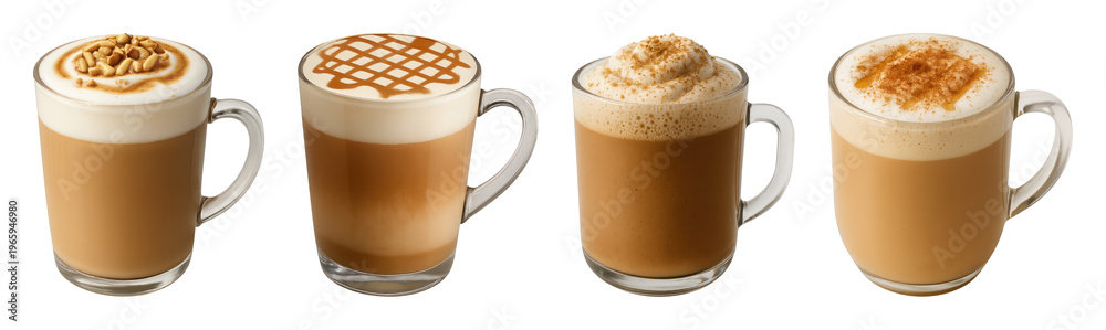 Fototapeta premium PNG Four delicious coffee beverages displayed on transparent background