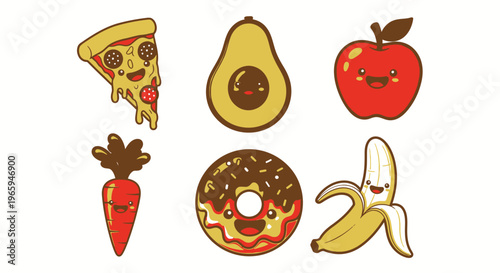 Cartoon food assortment featuring pizza avocado apple carrot donut banana on white