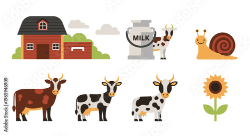 Cartoon farm scene with barn cows snail milk can and sunflower vector illustration