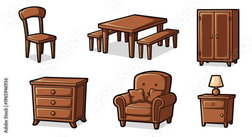 Cartoon furniture illustrations brown wooden chair table cabinet and bedside table