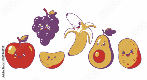 Cartoon fruits collection with happy faces on white background isolated