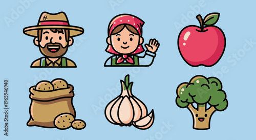 Cartoon farmers and harvested produce on a light blue background
