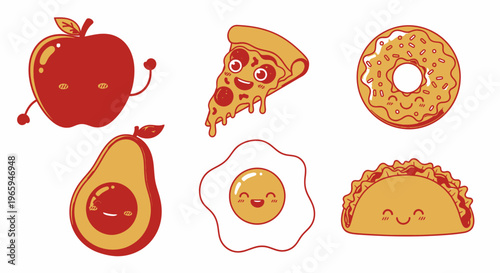 Cartoon food illustrations including apple pizza donut avocado egg and taco