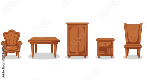 Cartoon illustrations of various wooden furniture pieces isolated on white background