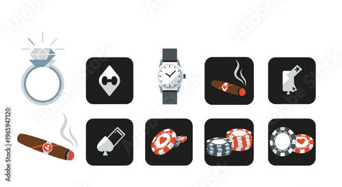 Casino and luxury icons ring watch cigar poker chips vector illustration