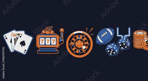 Casino games and sports elements set illustration against a dark background