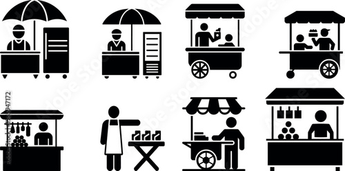 Photos Variety of street food vendors and their mobile carts in a bustling market scene