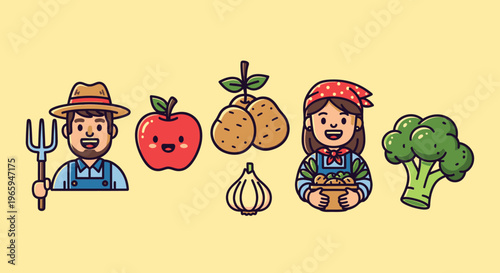 Cheerful farmers with fresh produce illustration on yellow background