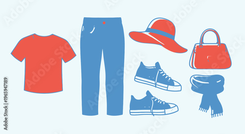 Casual clothing collection t shirt pants hat shoes handbag and scarf