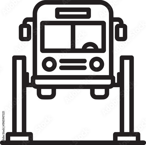 Public transit bus raised on mechanical lift garage equipment representing commercial vehicle repair service vector icon