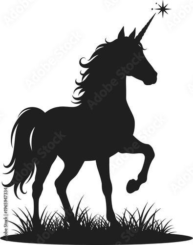 A detailed black silhouette of a graceful unicorn standing in a patch of wild grass field. Vector
