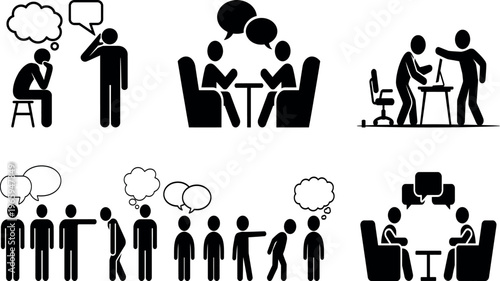 Illustrations of various communication and group discussion scenarios