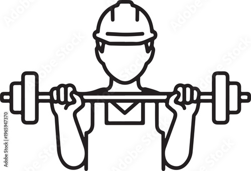 Construction worker lifting barbell in hard hat, fitness and strength training icon.
