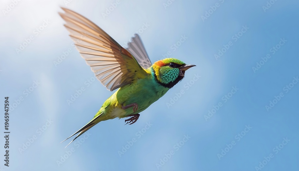 Fototapeta premium A vibrant green bee-eater bird with colorful plumage is captured in mid-flight against a clear blue sky.