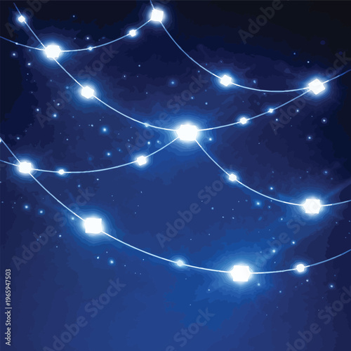 Elegant blue string lights with glowing bulbs creating a festive ambiance on a dark night sky background with sparkling stars