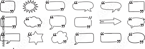 Hand drawn quote box frames set with speech bubbles and comic dialog clouds including citation marks for text and message layouts.