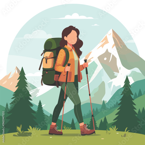 Adventurous backpacker character hiking with heavy bag and trekking poles