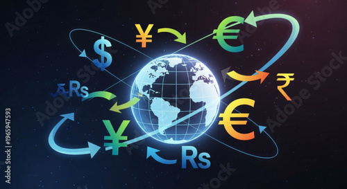 Global currency exchange and trade around the world with arrows and symbols