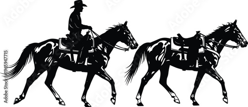 Cowboy riding horse silhouettes set, western ranch rider with saddle and hat, galloping horse collection isolated vector illustration for rodeo, equestrian sport and rural lifestyle concept