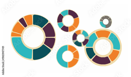 Donut pie chart collection with segmented circular infographic wheels in flat vector style
